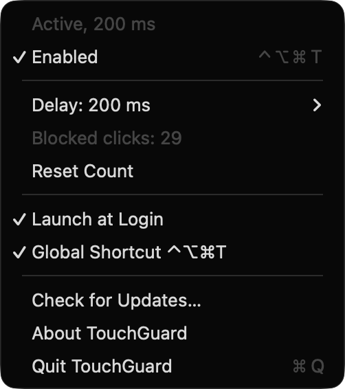 The TouchGuard menu